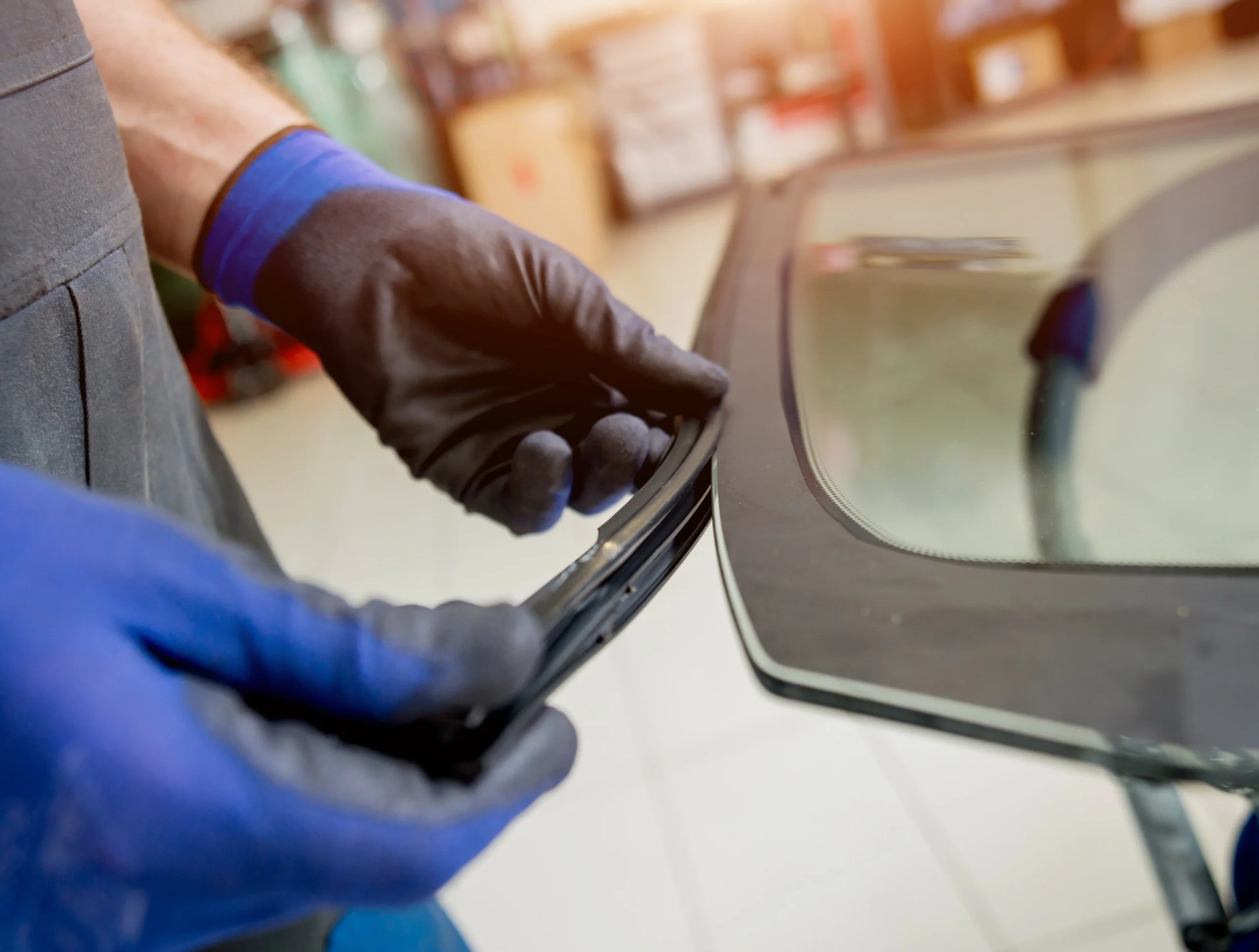 145697410_l Automobile special workers replacing windscreen of a car in auto service station